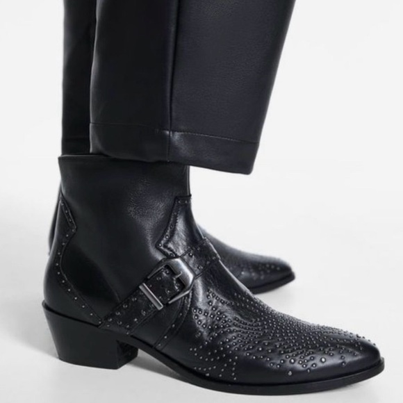 Zara Western Black Leather Micro Stud Ankle Boots - Picture 2 of 6
